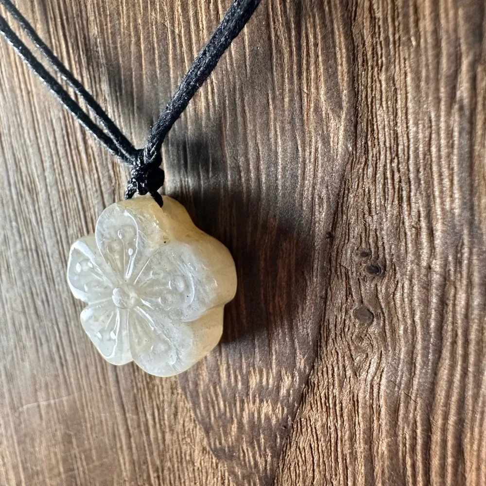 Small Moonstone Flower Pendant Necklace on Black Rope, Subtle Blue Flash - Picture 2 of 15